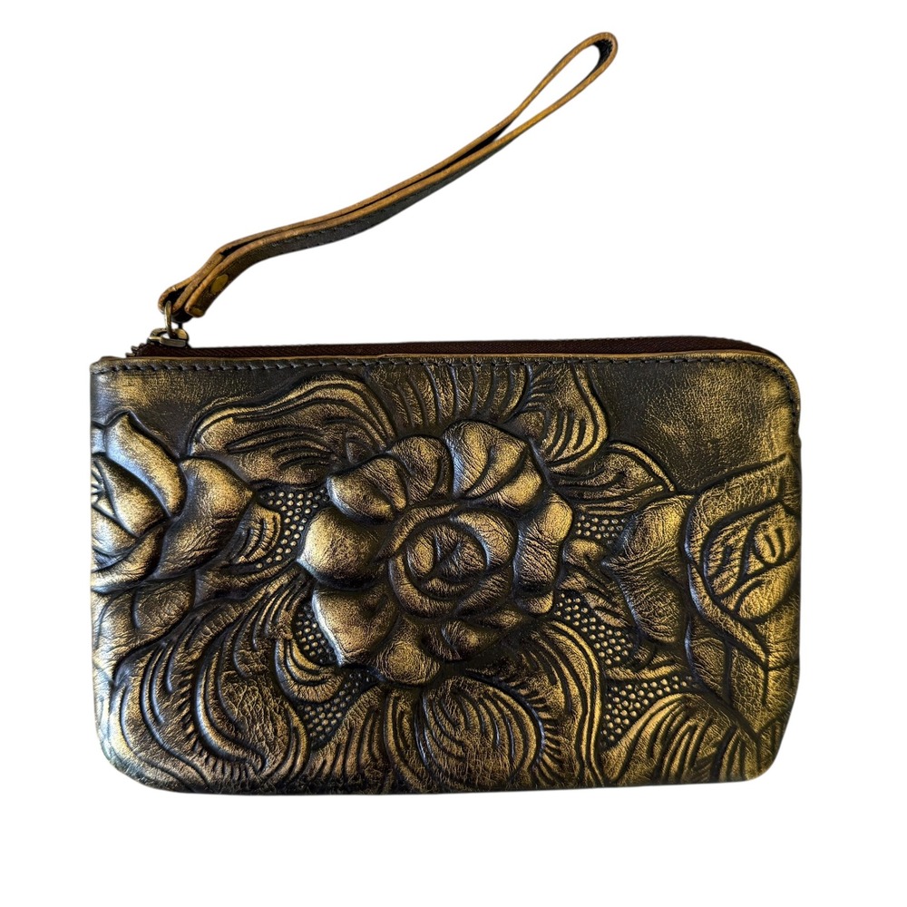 Patricia Nash Metallic Bronze Embossed Rose Leather Wristlet Clutch Bag